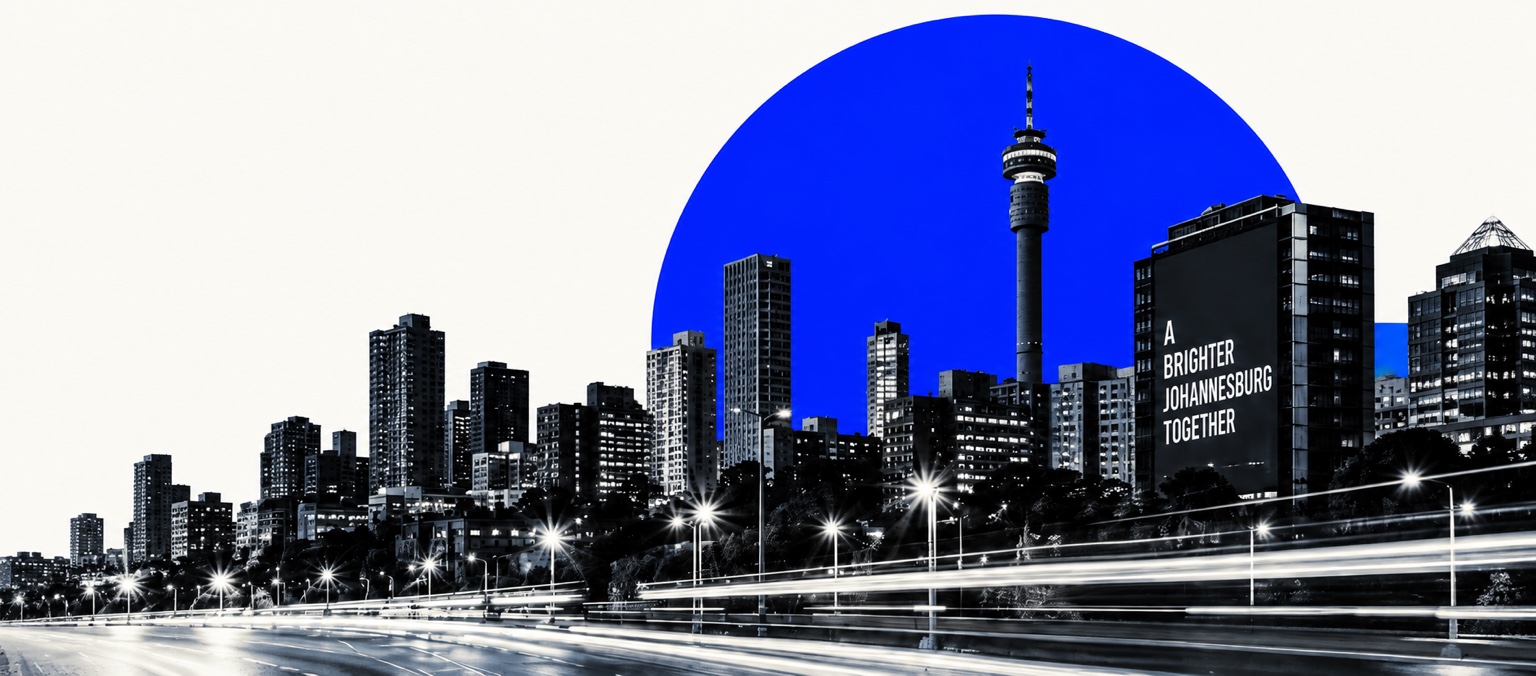 Johannesburg skyline with Hillbrow Tower and Omniversa electric-blue circle.