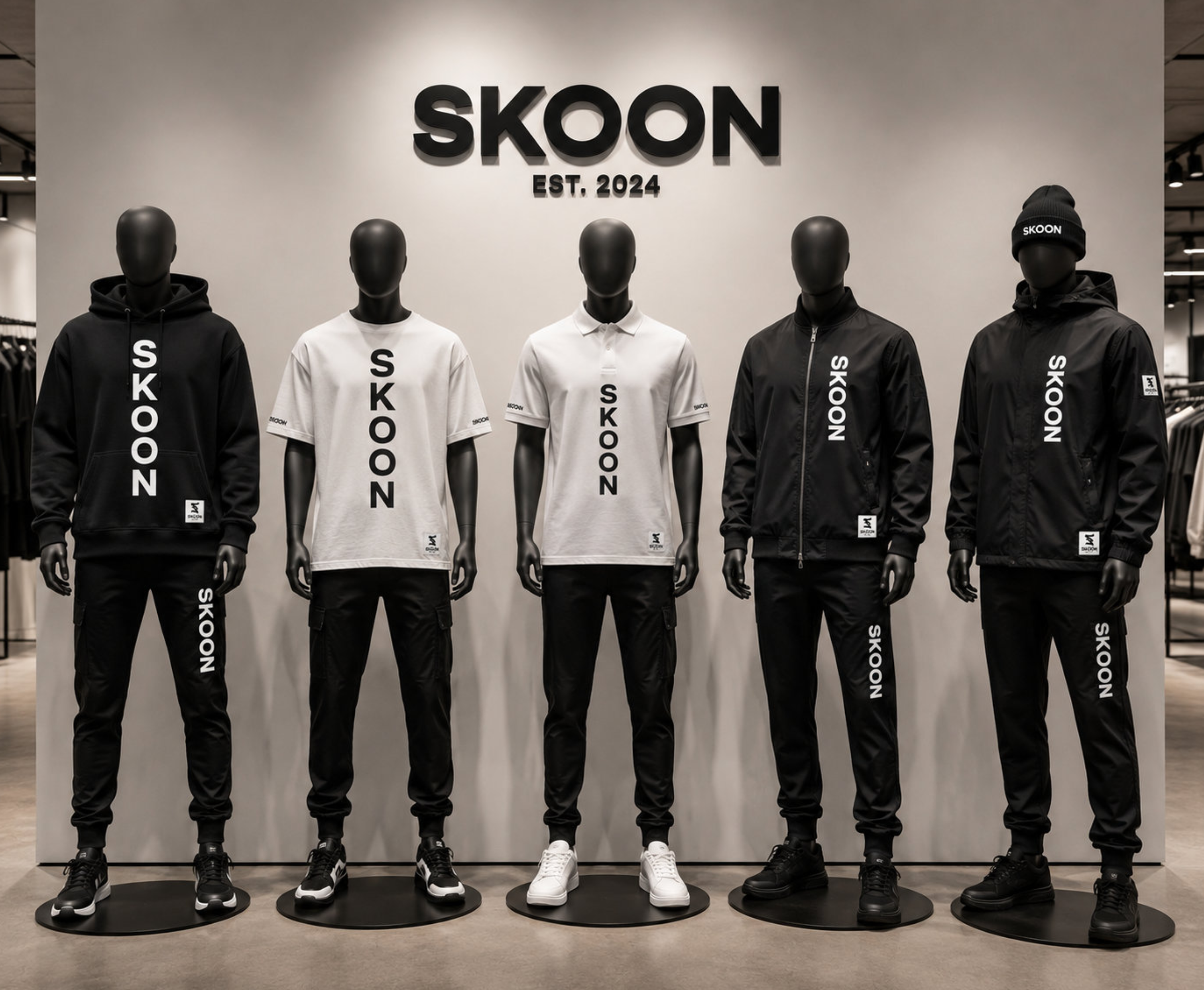 SKOON. visual identity concept applied to apparel and brand materials